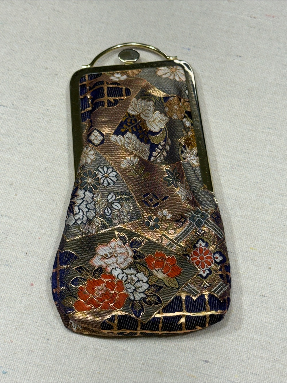Vintage Japanese Style Brocade Eyeglass Case Kiss Lock Floral Navy Gold